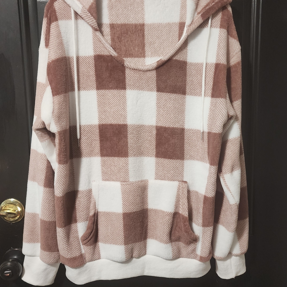 SHEIN Brown and Cream Plaid Hoodie